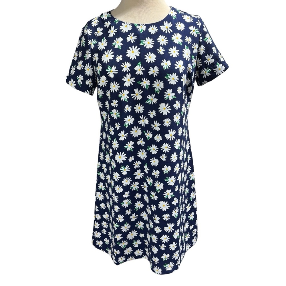 Navy Blue Daisy‎ Floral Print Short Sleeve Shift Mini Dress Round Neck #504